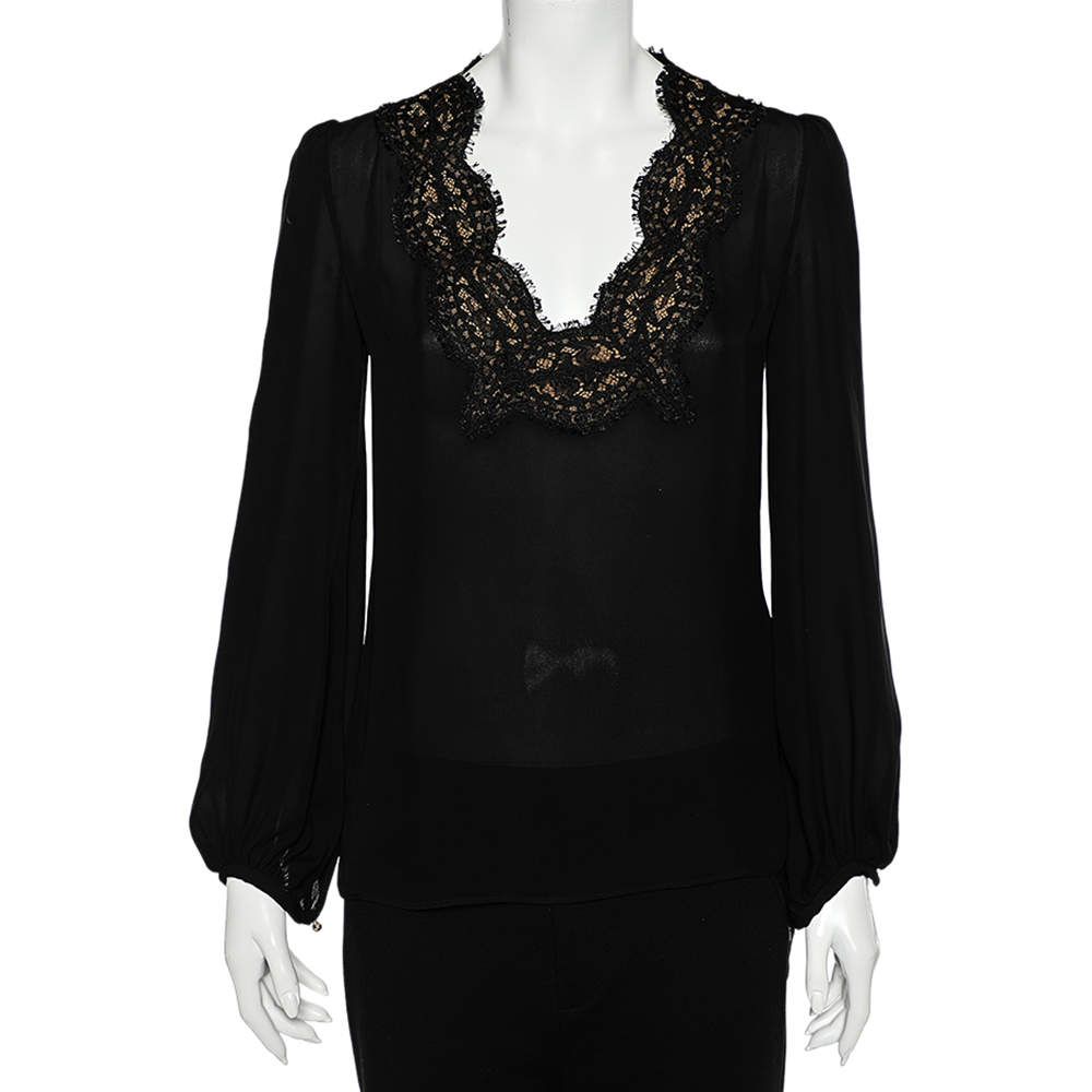 Pre Owned Emilio Pucci Black Silk Lace Trim Long Sleeve Blouse S