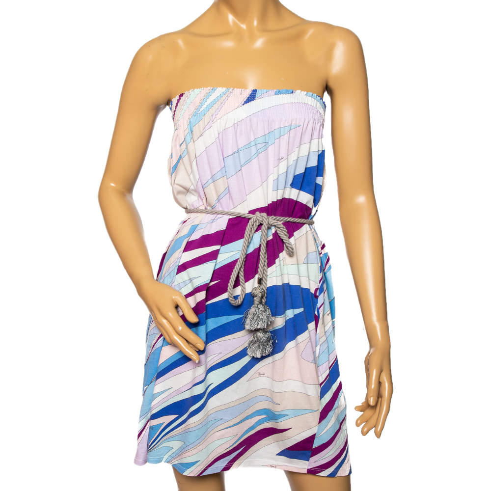 Pre Owned Emilio Pucci Multicolored Printed Cotton Belted Mini Dress S