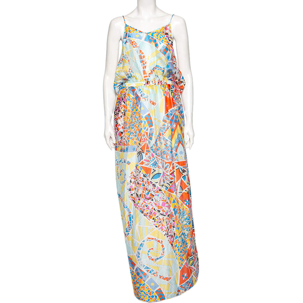 Pre Owned Emilio Pucci Multicolored Silk Cut Out Back Detail Sleeveless Beach Dress M