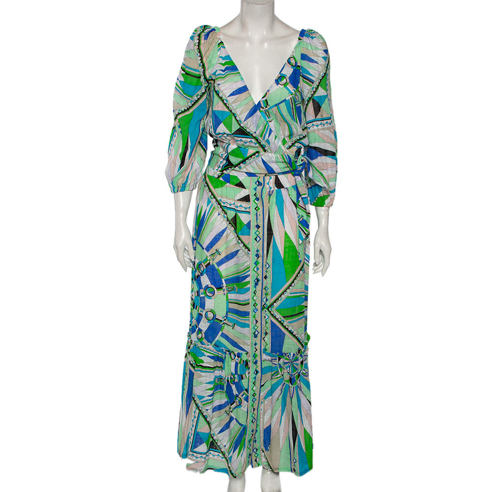 Emilio Pucci Multicolored Printed Cotton Wrap Detail Top & Midi Skirt Set M