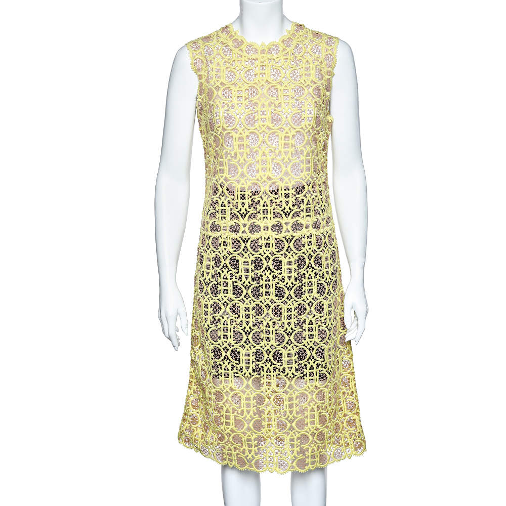 Pre Owned Emilio Pucci Yellow Guipure Lace Sleeveless Midi Dress M