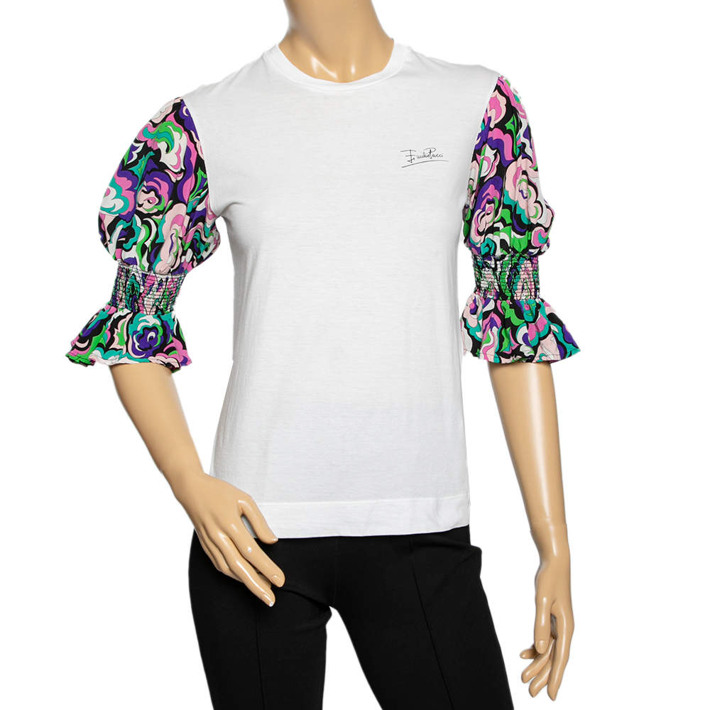 Pre Owned تي شيرت إميليو بوسي مزخرف كم حرير متباين وقطن أبيض مقاس صغير - سمول