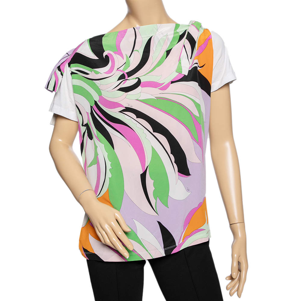 Pre Owned Emilio Pucci Multicolored Printed Silk & Cotton Paneled T-Shirt S