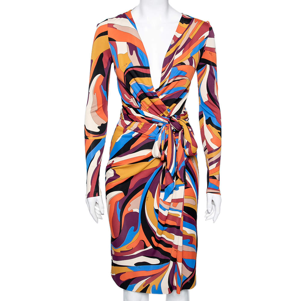 مملوكة مسبقًا فستان إيمليو بوسي جيرسيه طباعة تجريديه متعدد الألوان بحزام مقاس صغير - سمول