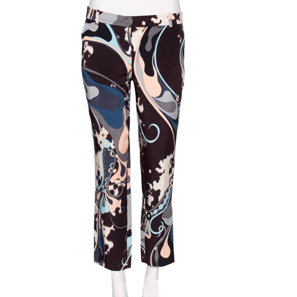 Pre Owned Emilio Pucci Multicolor Printed Silk Cropped Pants M