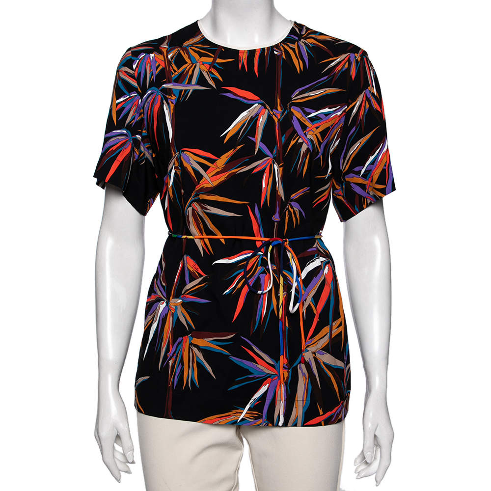 Emilio Pucci Black Tropical Palm Print Viscose Crew Neck Top M