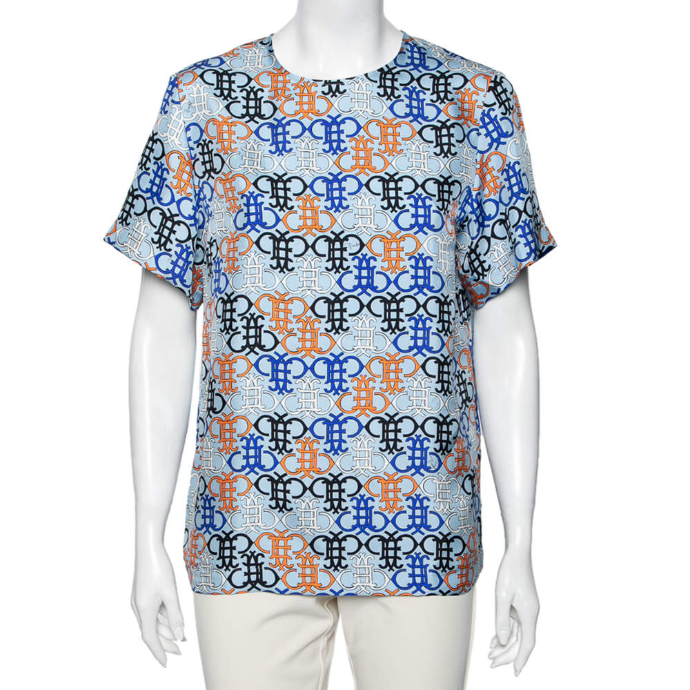 Pre Owned Emilio Pucci Multicolor Logo Printed Silk Short Sleeve Top S