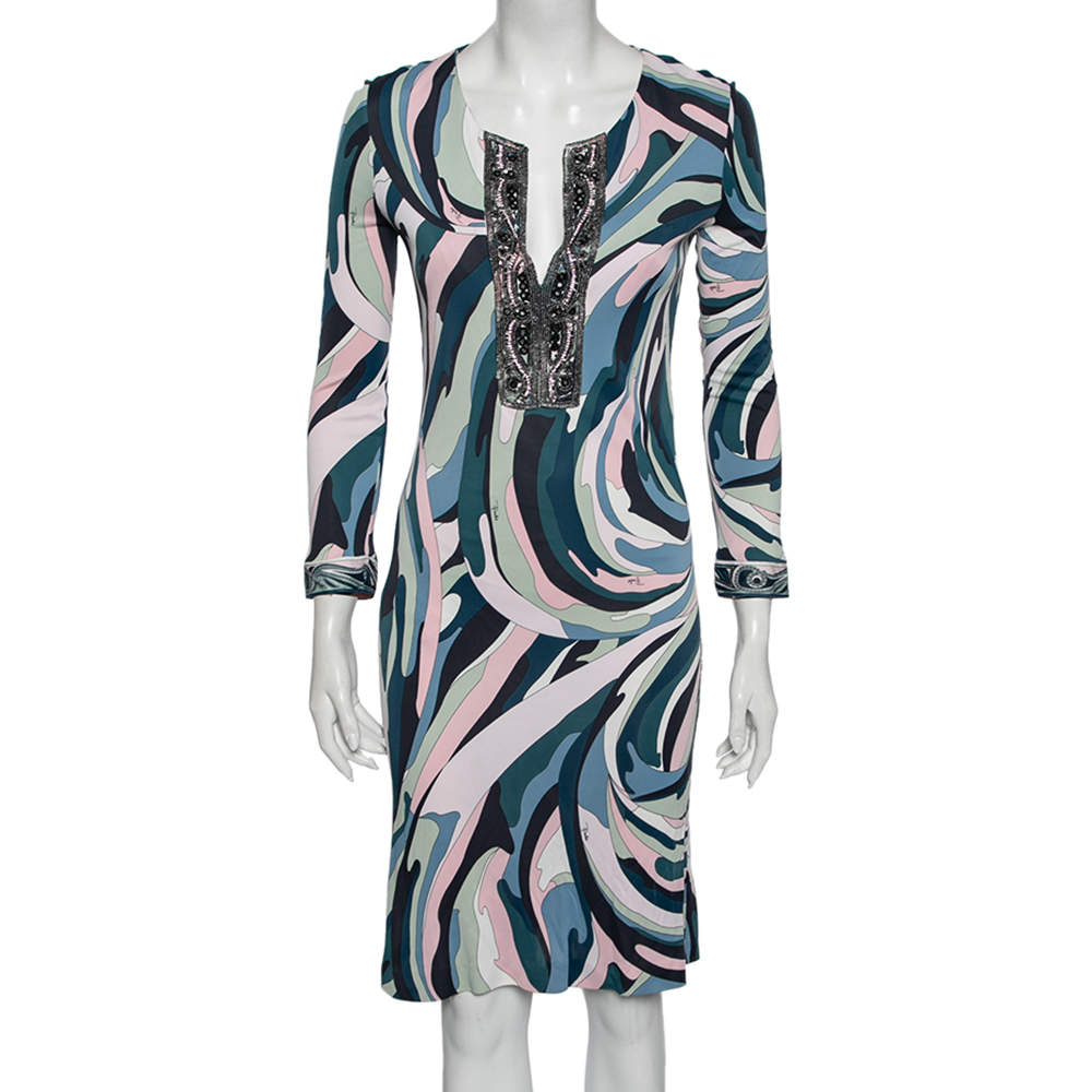 Pre Owned Emilio Pucci Multicolor Jersey Embellished Long Sleeve Midi Dress M