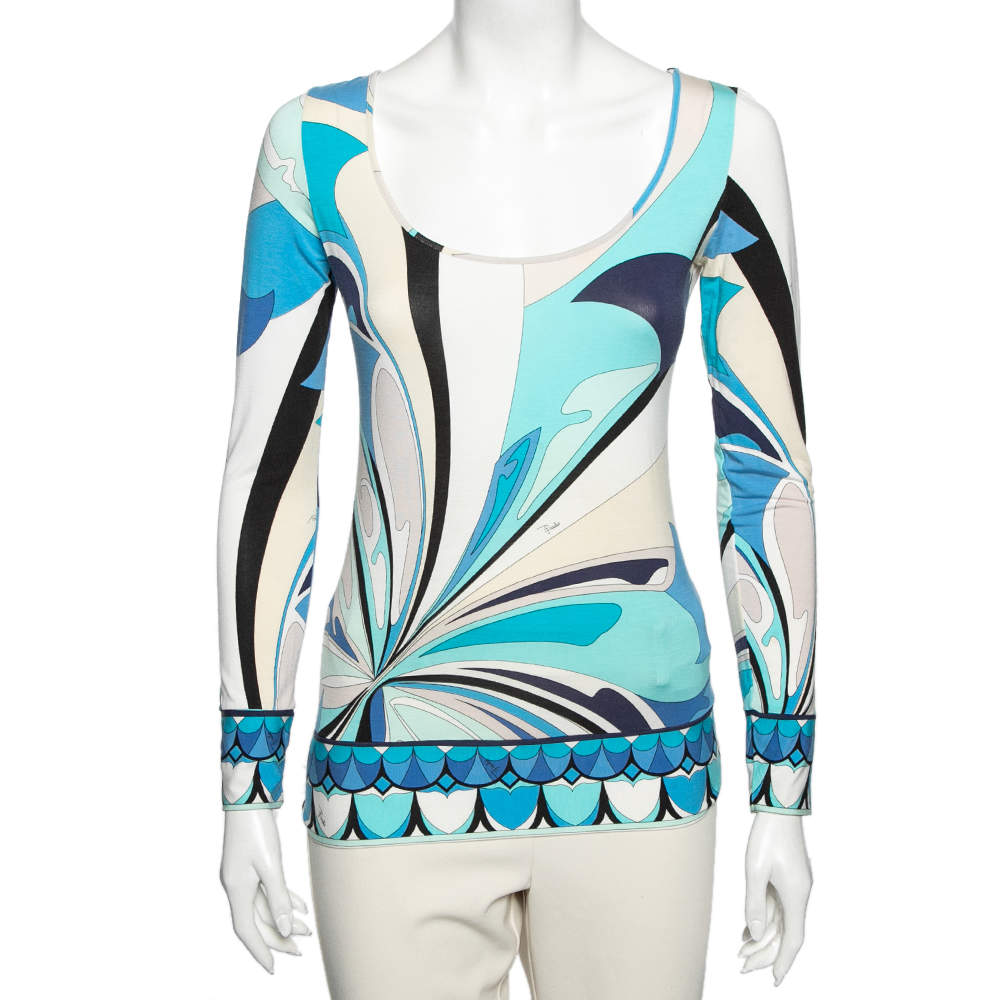 Pre Owned تي شيرت بكم طويل إيميلليو بوسي تريكو مطبوع متعدد الألوان مقاس صغير - سمول