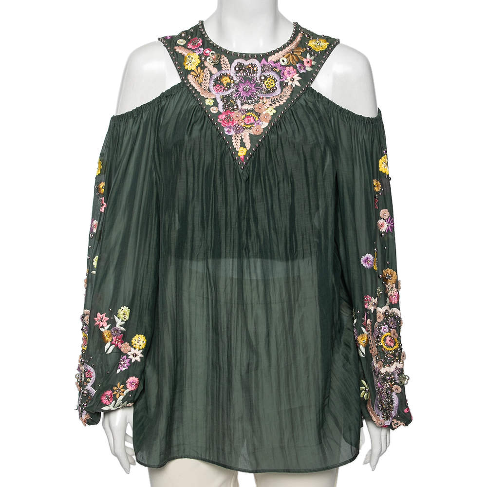 Pre Owned Emilio Pucci Green Cotton Floral Embroidered Embellished Cold Shoulder Top M