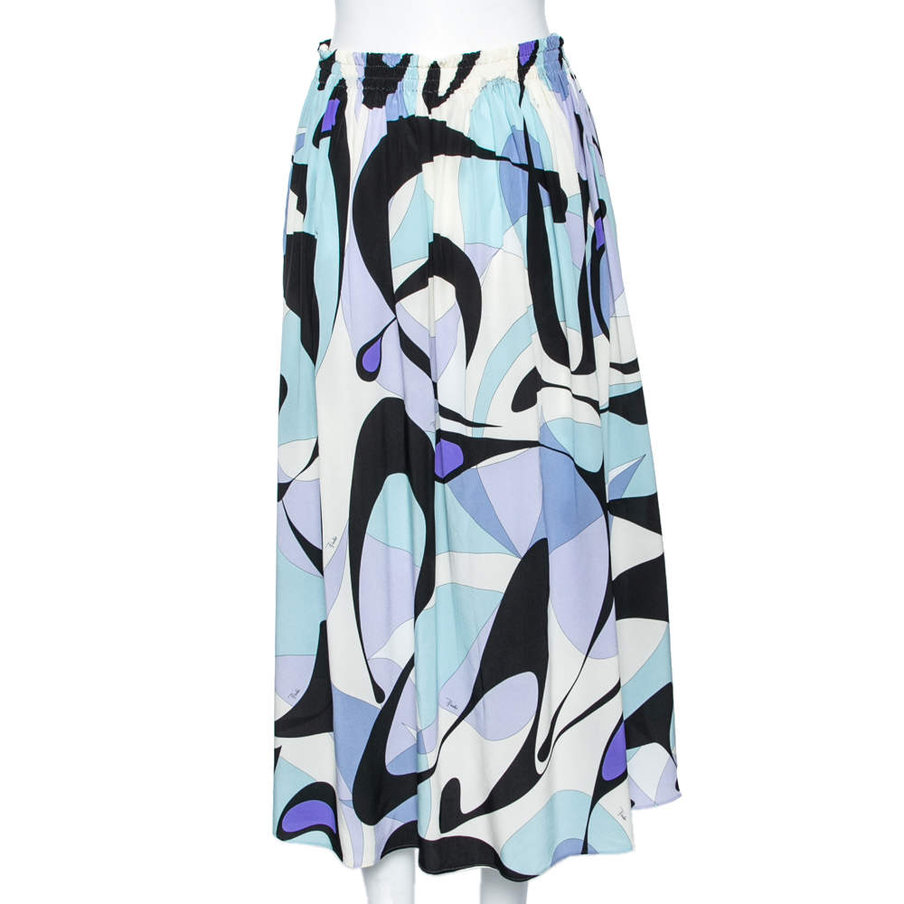 Pre Owned Emilio Pucci Multicolored Printed Silk Elasticized Waist Midi Skirt M