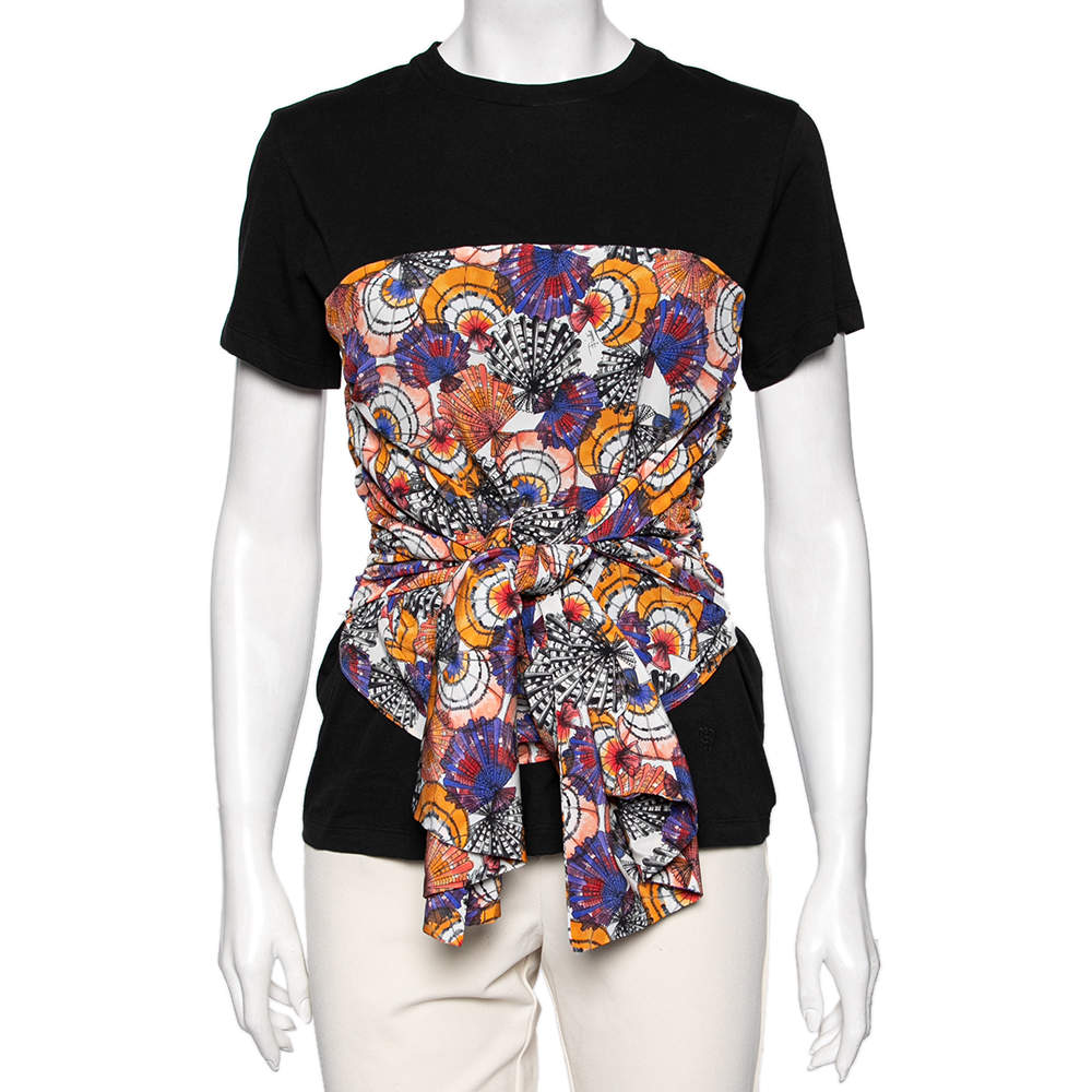 Pre Owned Emilio Pucci Black Cotton Pleated Silk Detailed Top M