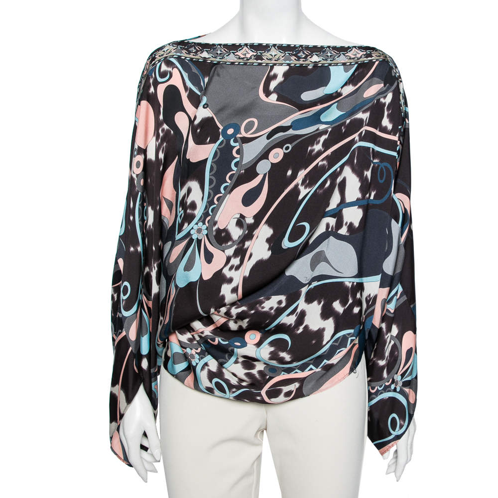 Emilio Pucci Multicolored Printed Silk Asymmetrical Draped Blouse S