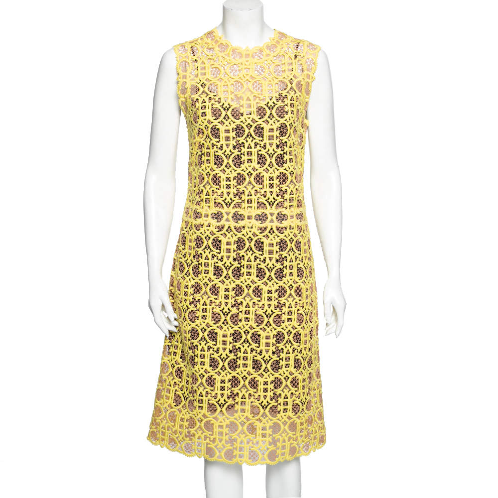 Pre Owned Emilio Pucci Yellow  Monogrammed Macramé Cotton Sleeveless Dress M