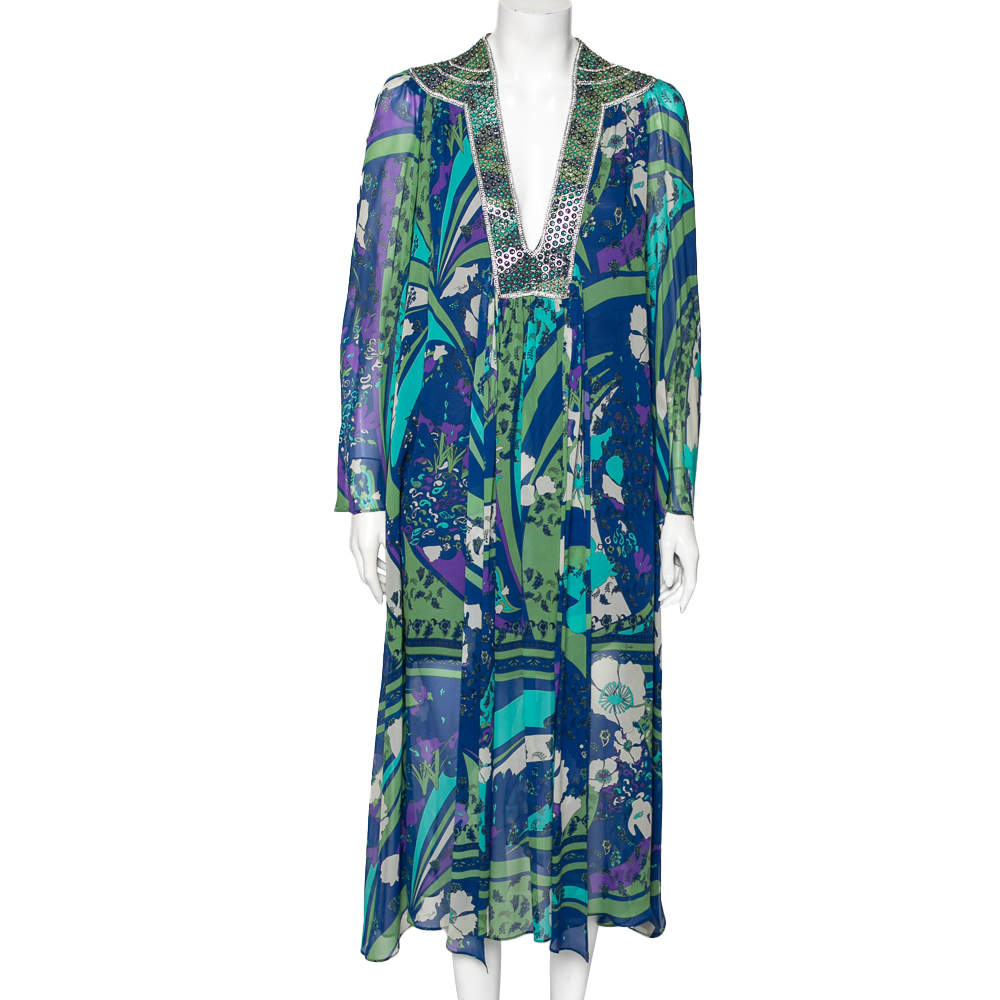 Pre Owned Emilio Pucci Multicolor Printed Silk Embellished Neck Detail Midi Dress M