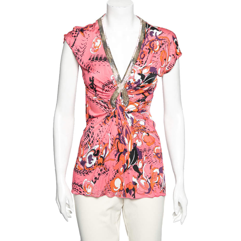 Emilio Pucci Multicolor Printed Knit Embellished Ruched Front Top M