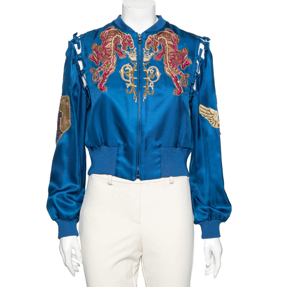 Emilio Pucci Blue Embroidered Silk Zip Front Cropped Jacket M