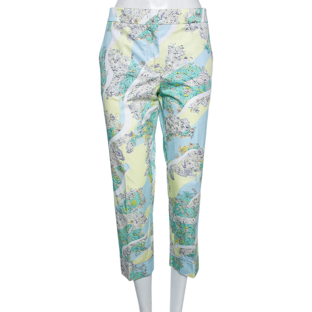 Pre Owned Emilio Pucci Multicolor Floral Printed Cotton Tapered Leg Trousers M