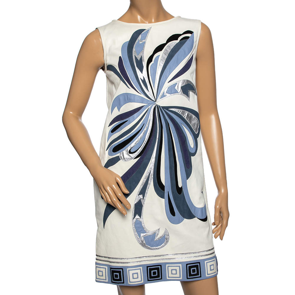مملوكة مسبقًا Emilio Pucci White Leather Appliqué Detail Sleeveless Shift Dress M