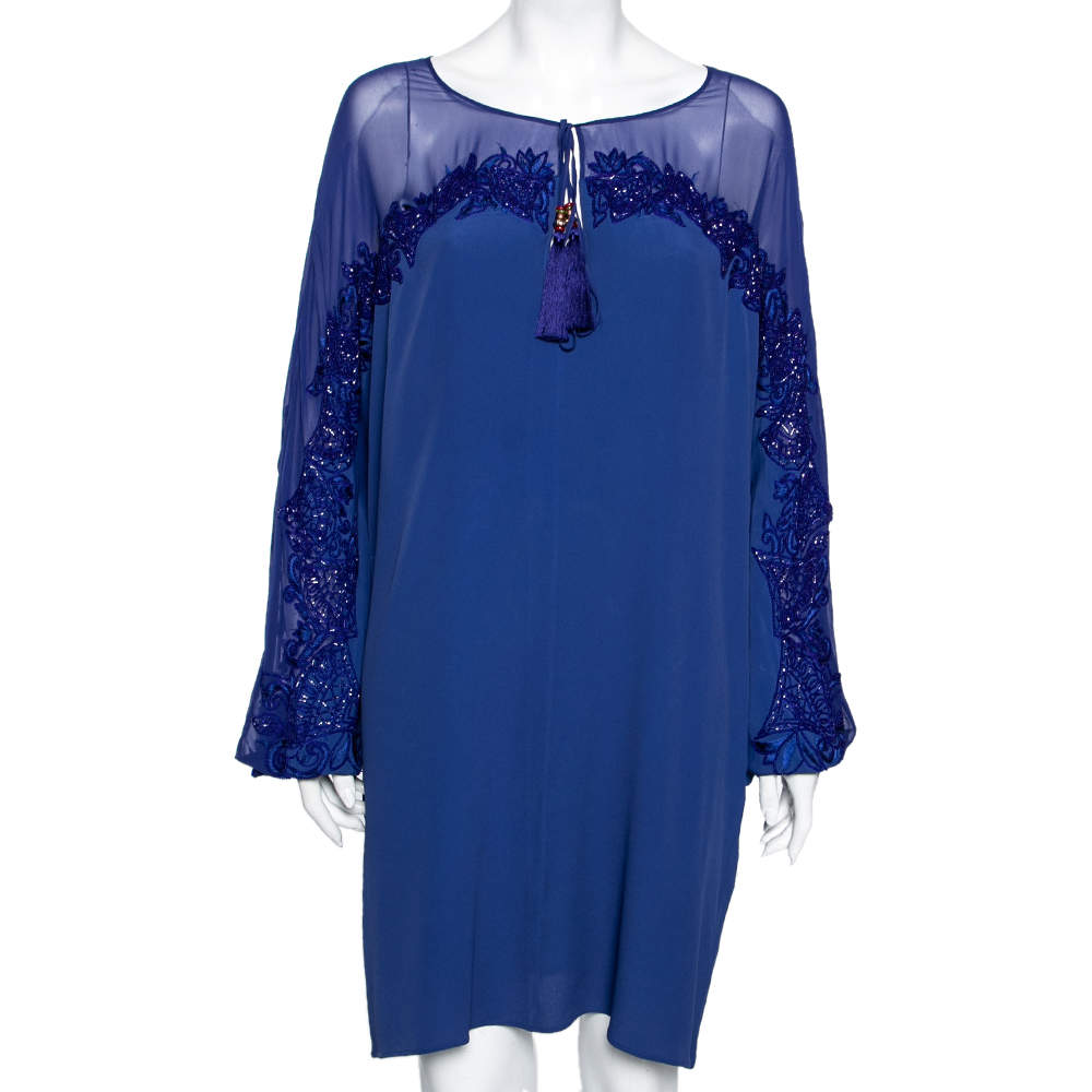 Pre Owned Emilio Pucci Blue Silk Beaded Embroidered Tassel Tie Front Shift Dress M