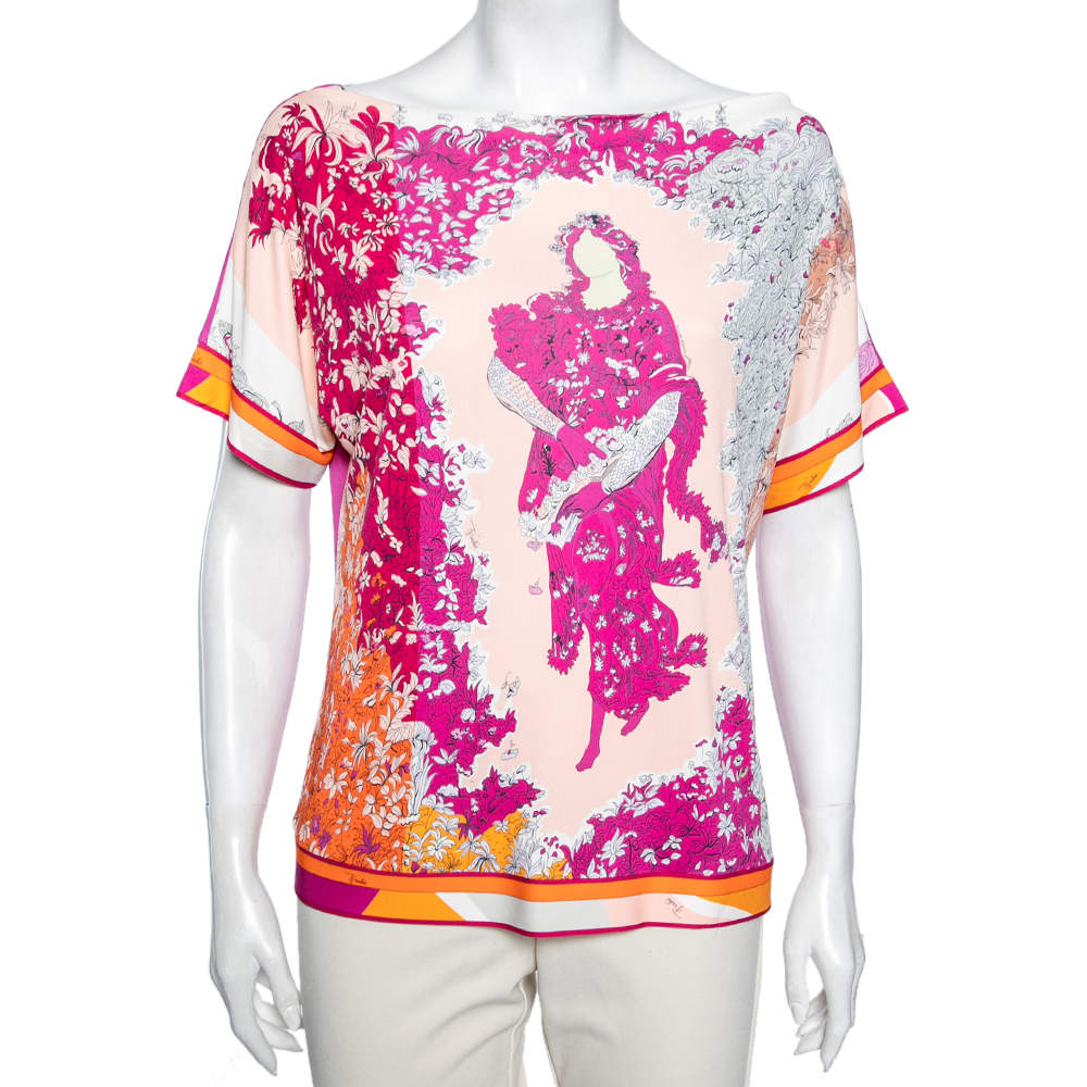 Pre Owned Emilio Pucci Pink Floral Lady Print Stretch Knit Blouse L