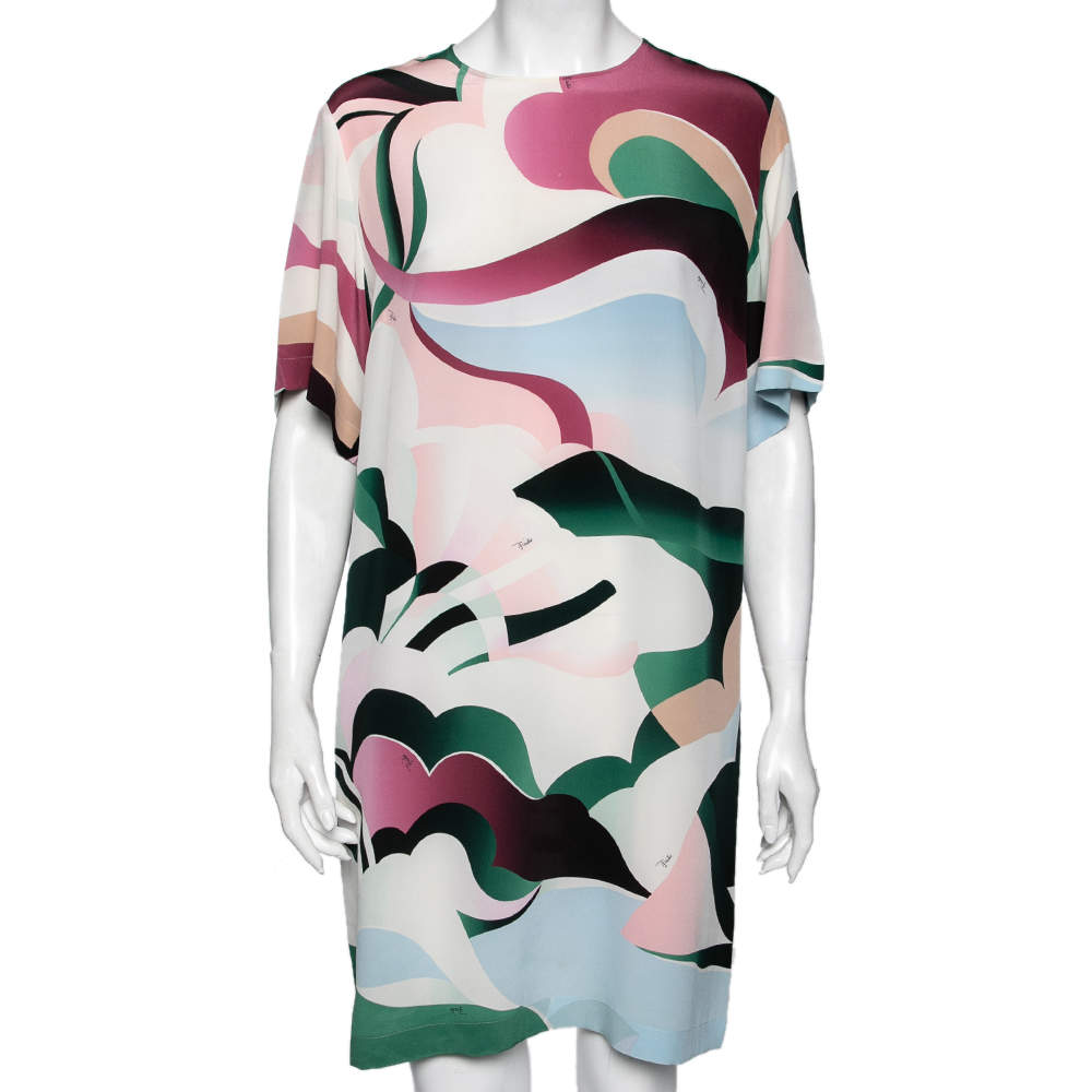 Emilio Pucci Multicolor Printed Silk Short Sleeve Dress L