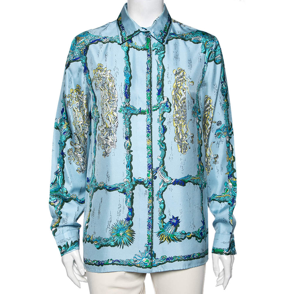 Pre Owned Emilio Pucci Blue Printed Silk Shirt M