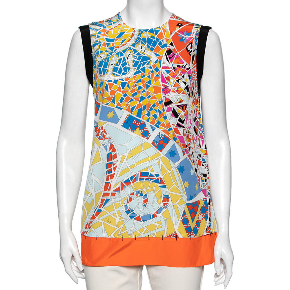 Pre Owned Emilio Pucci Multicolor Mosaic Print Silk Sleeveless Top M