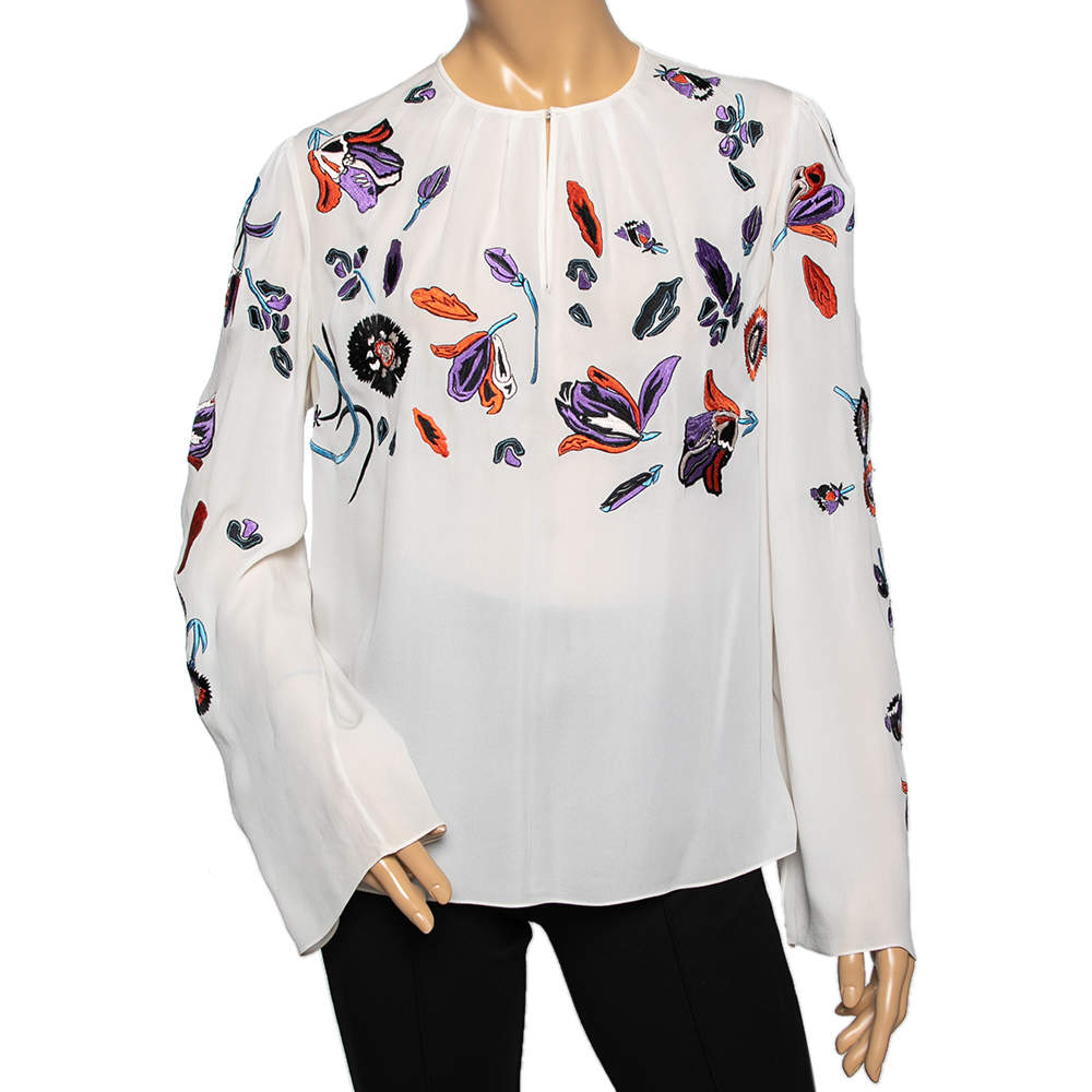 Pre Owned Emilio Pucci White Silk Floral Embroidered Long Sleeve Top M