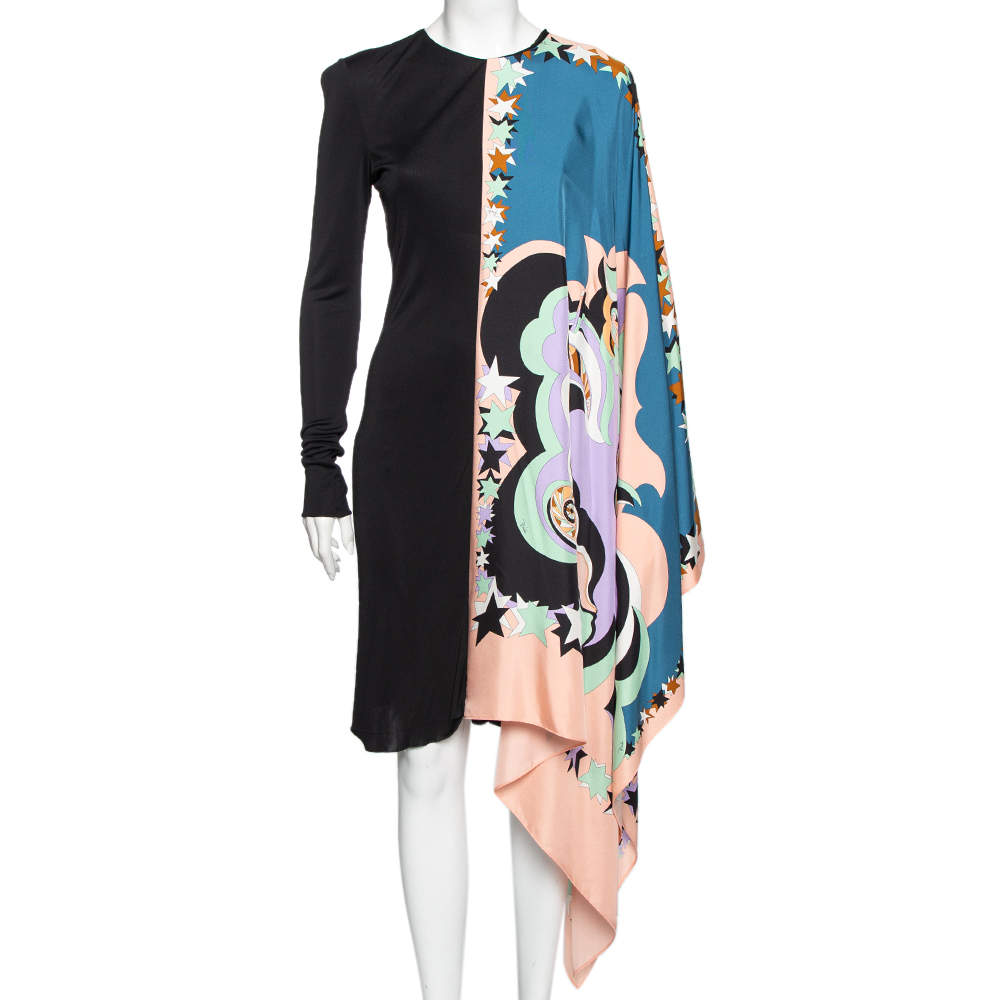 Pre Owned Emilio Pucci Multicolored Printed Silk Overlay Paneled Asymmetric Dress M