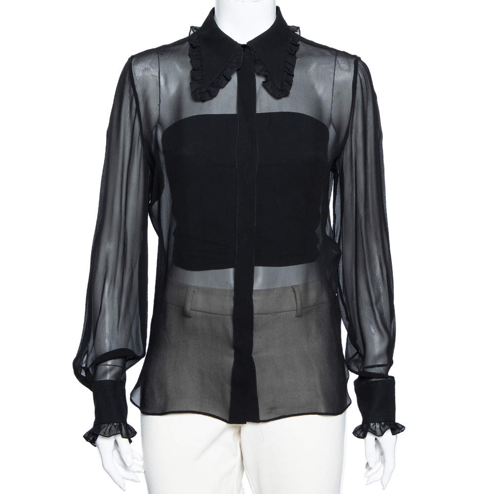 Pre Owned Emilio Pucci Black Silk Ruffle Trim Detailed Button Front Shirt M