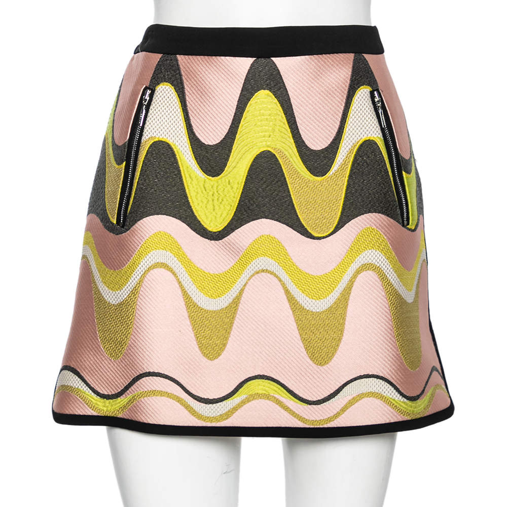 Pre Owned Emilio Pucci Pink & Green Wave Jacquard Short Skirt M