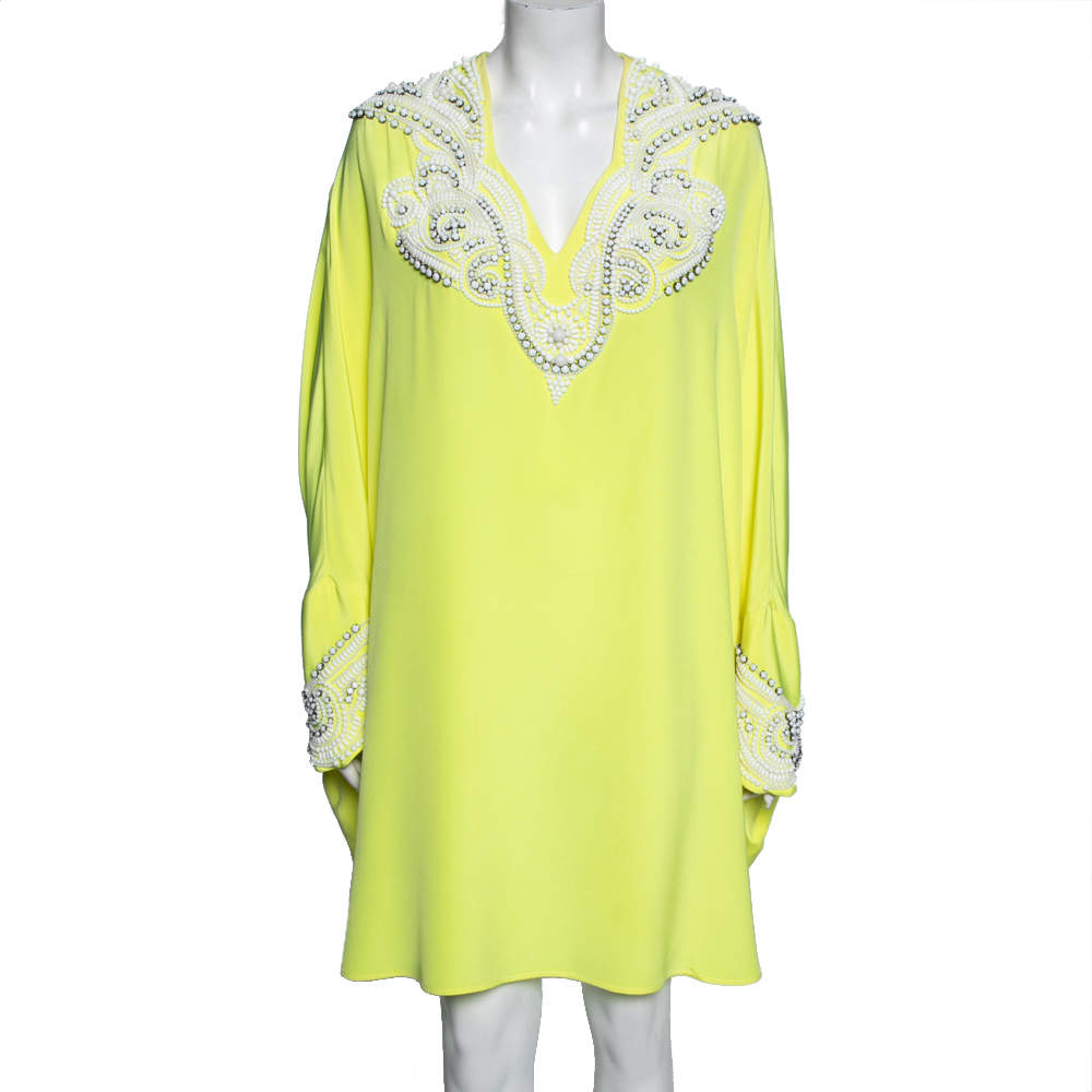 Pre Owned Emilio Pucci Yellow Silk Bead Embellished Kaftan Dress M 
