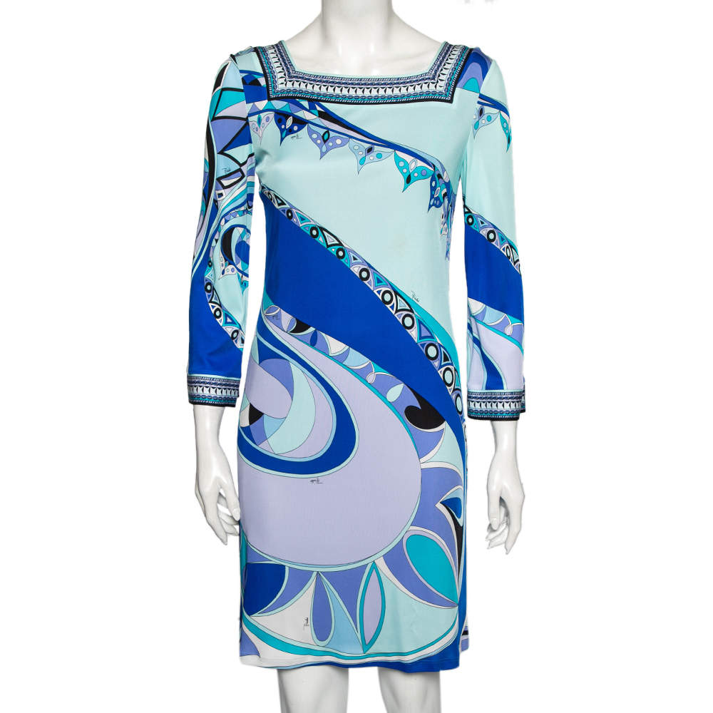 Pre Owned Emilio Pucci Blue Printed Jersey Midi Dress M