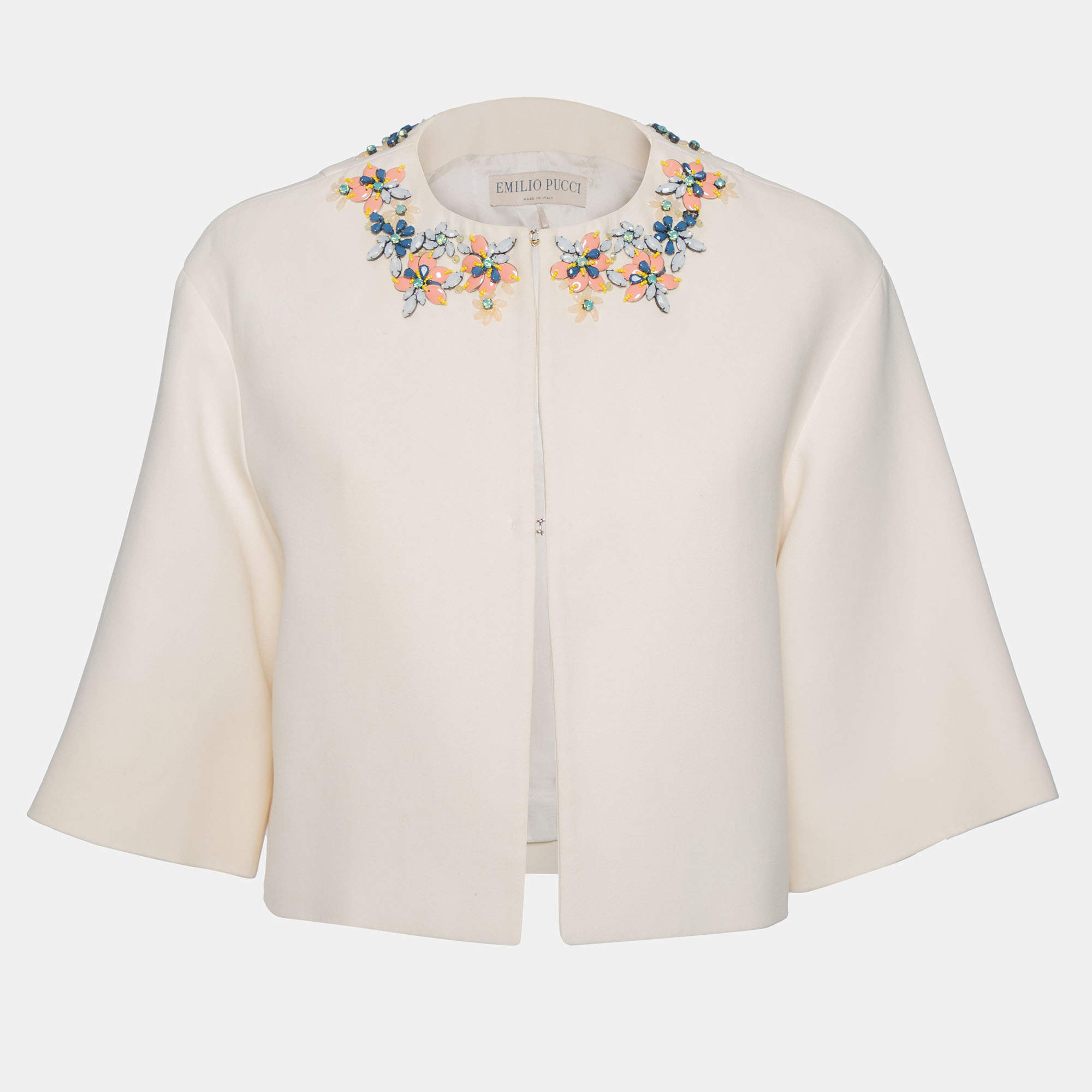 Pre Owned Emilio Pucci Cream Cotton Embellished Neck Detail Jacket S