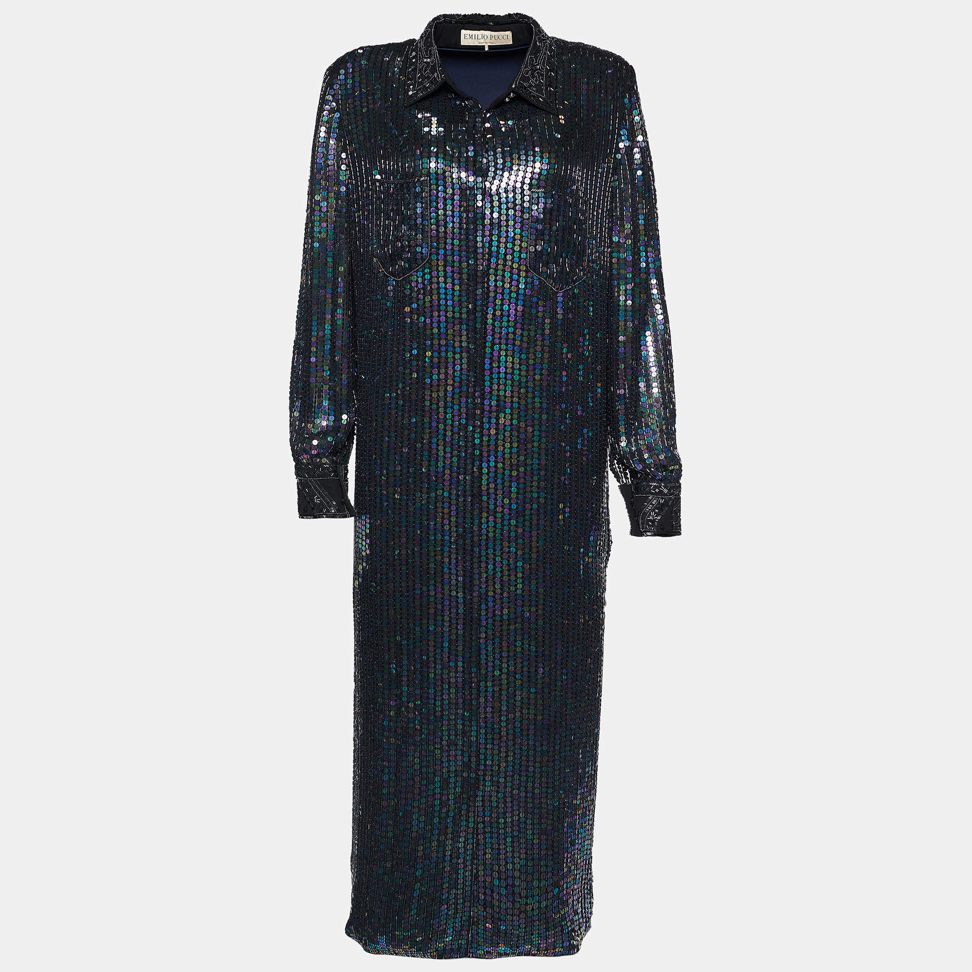 Pre Owned Emilio Pucci Metallic Sequin & Bead Embellished Silk Button Front Shirt Dress L