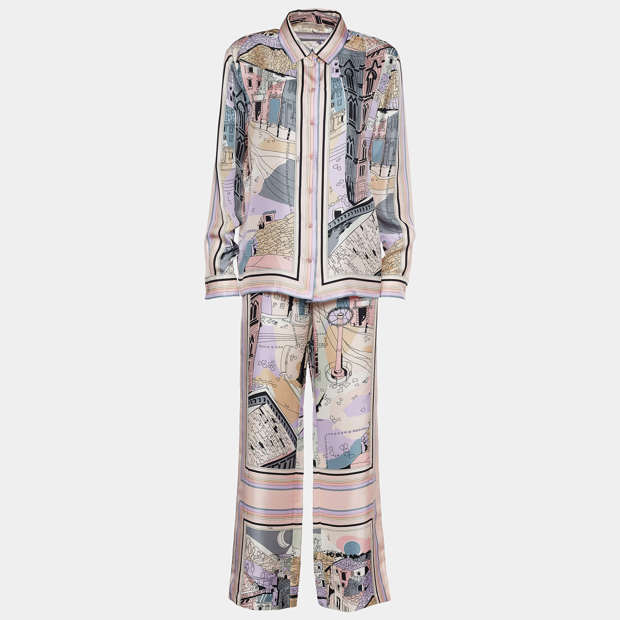 Pre Owned Emilio Pucci Pale Pink Battistero Print Silk Palazzo Trousers & Shirt Set M