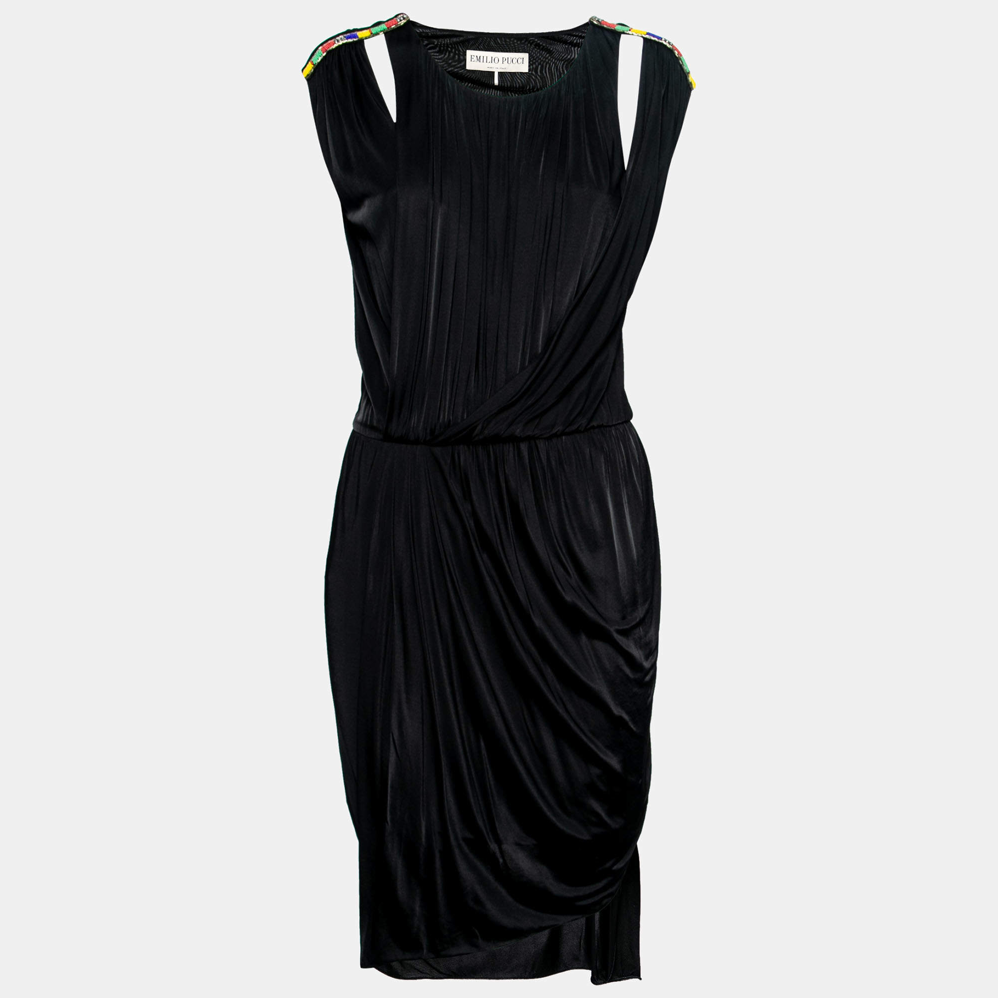 Pre Owned Emilio Pucci Black Jersey Bead Embellished Draped Sleeveless Dress S