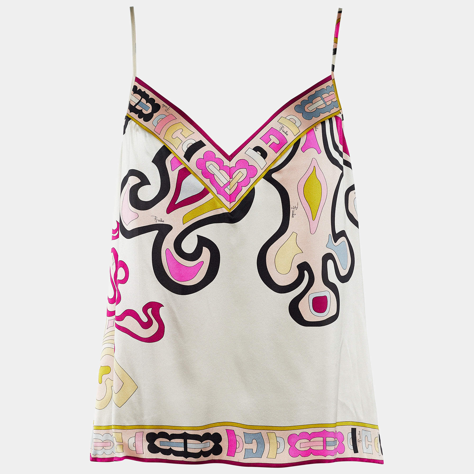 Pre Owned Emilio Pucci Cream Printed Silk Sleeveless Top L
