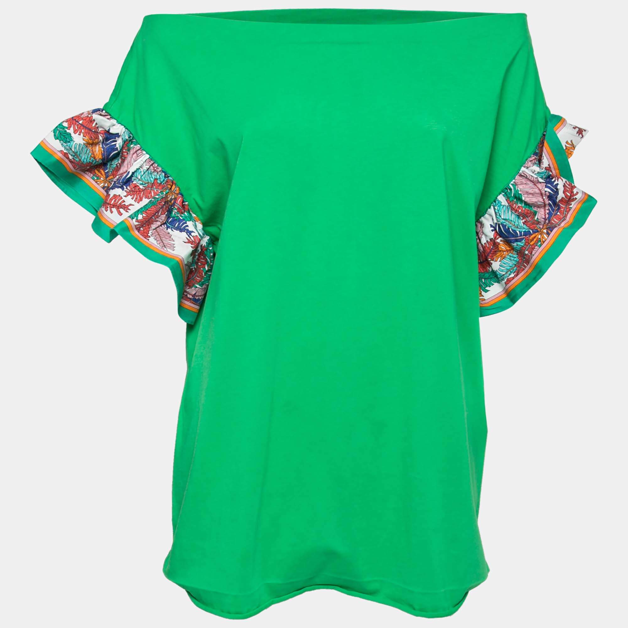 Emilio Pucci Green Cotton & Silk Contrast Sleeve Detail T-Shirt L