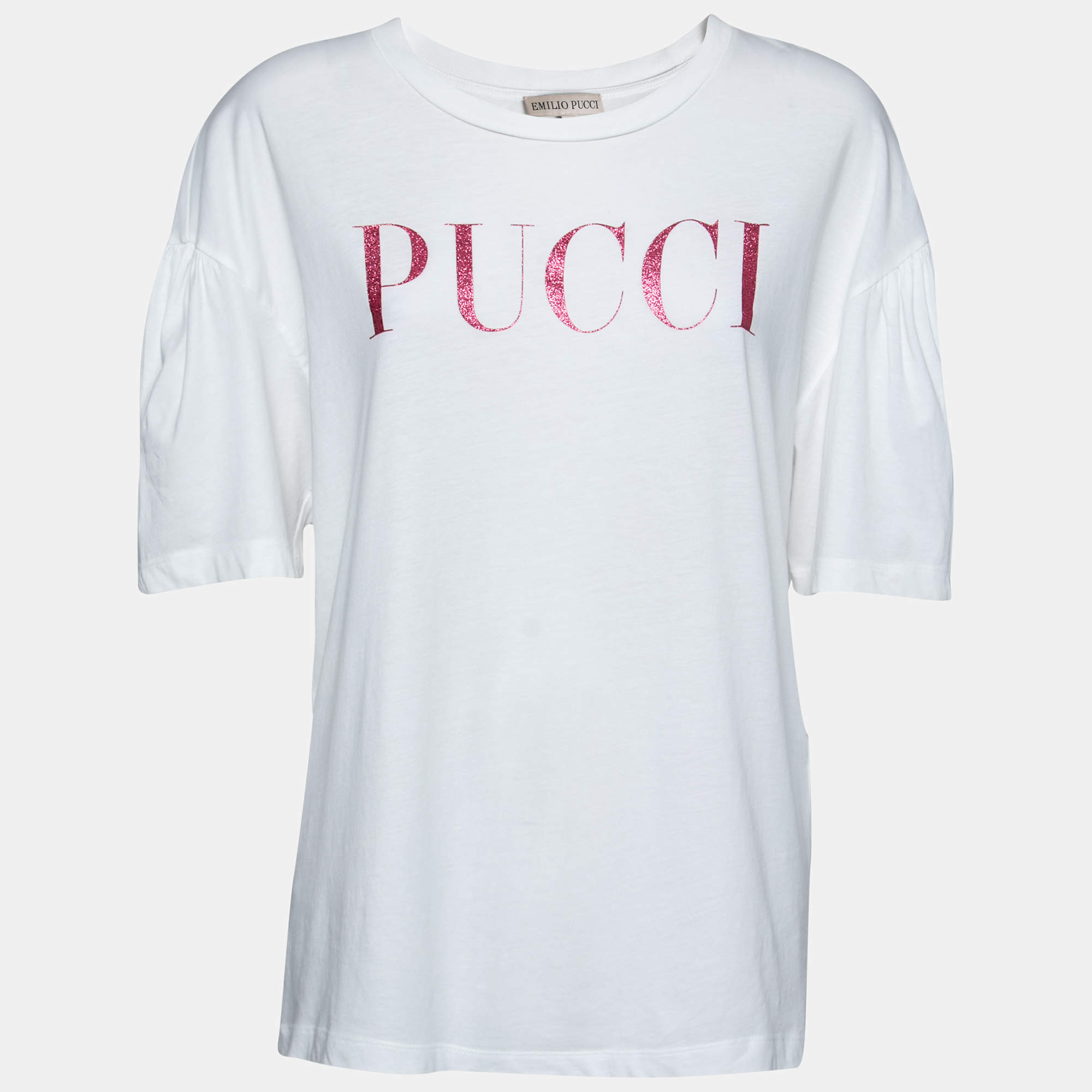 Pre Owned توب إميليو بوتشي أبيض بطبعة الشعارورقبة مستديرة مقاس كبير - لارج