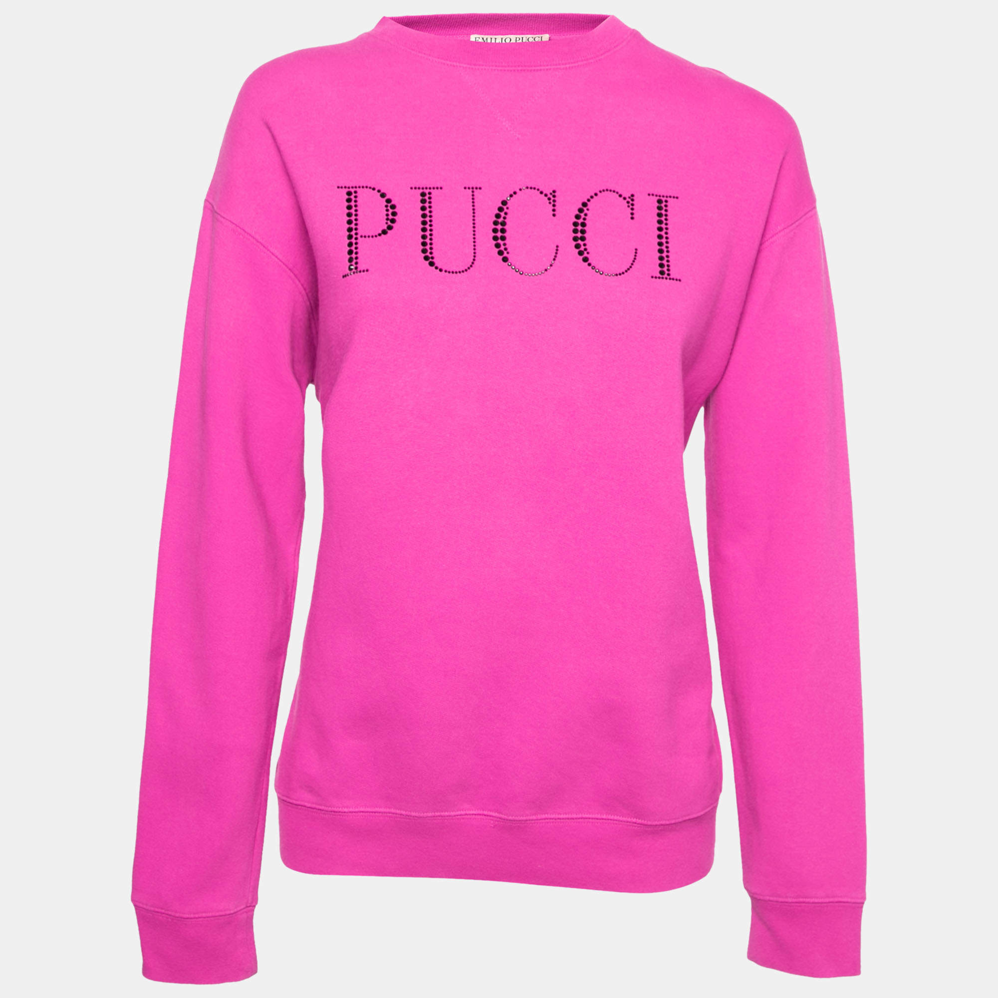 Pre Owned Emilio Pucci Pink Sequin Logo Cotton Crew Neck Sweatshirt M