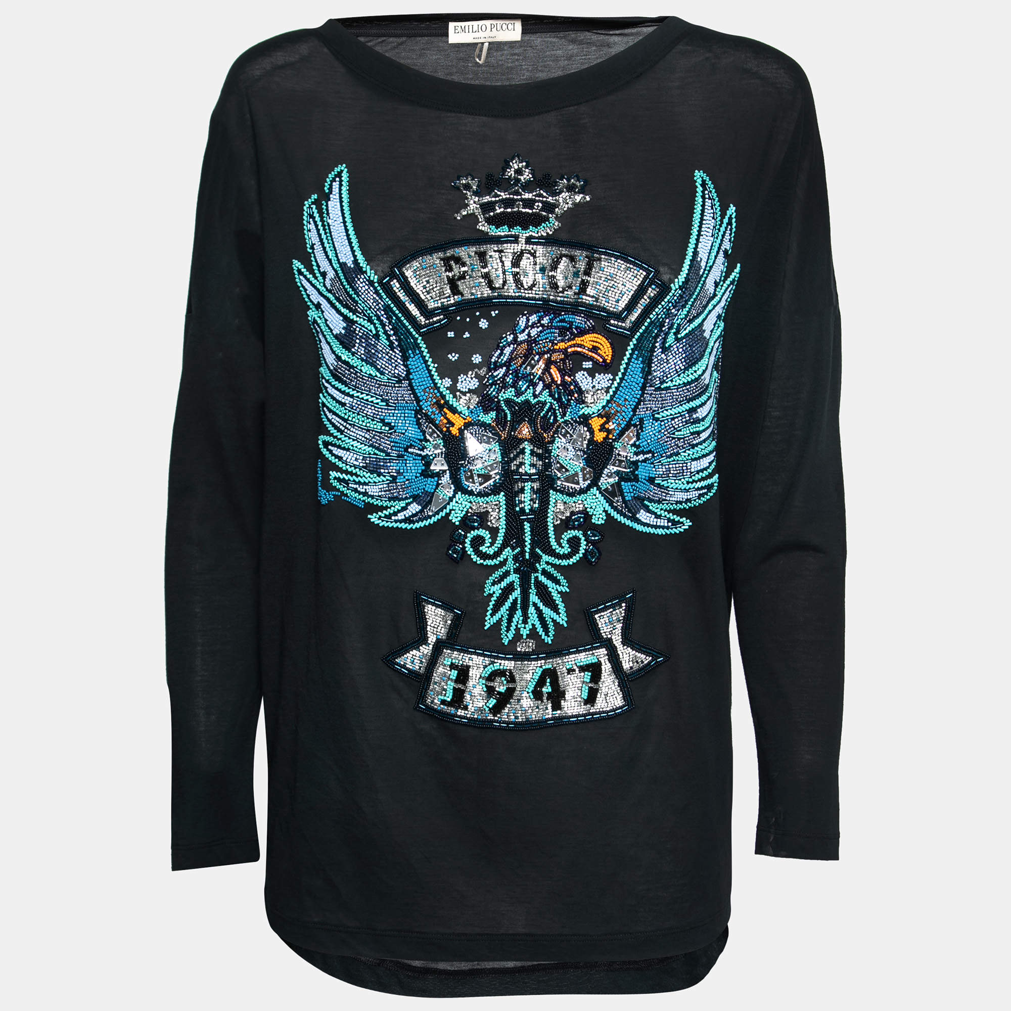 Pre Owned Emilio Pucci Black Cotton Bead Embroidered Embellished Round Neck T-Shirt S