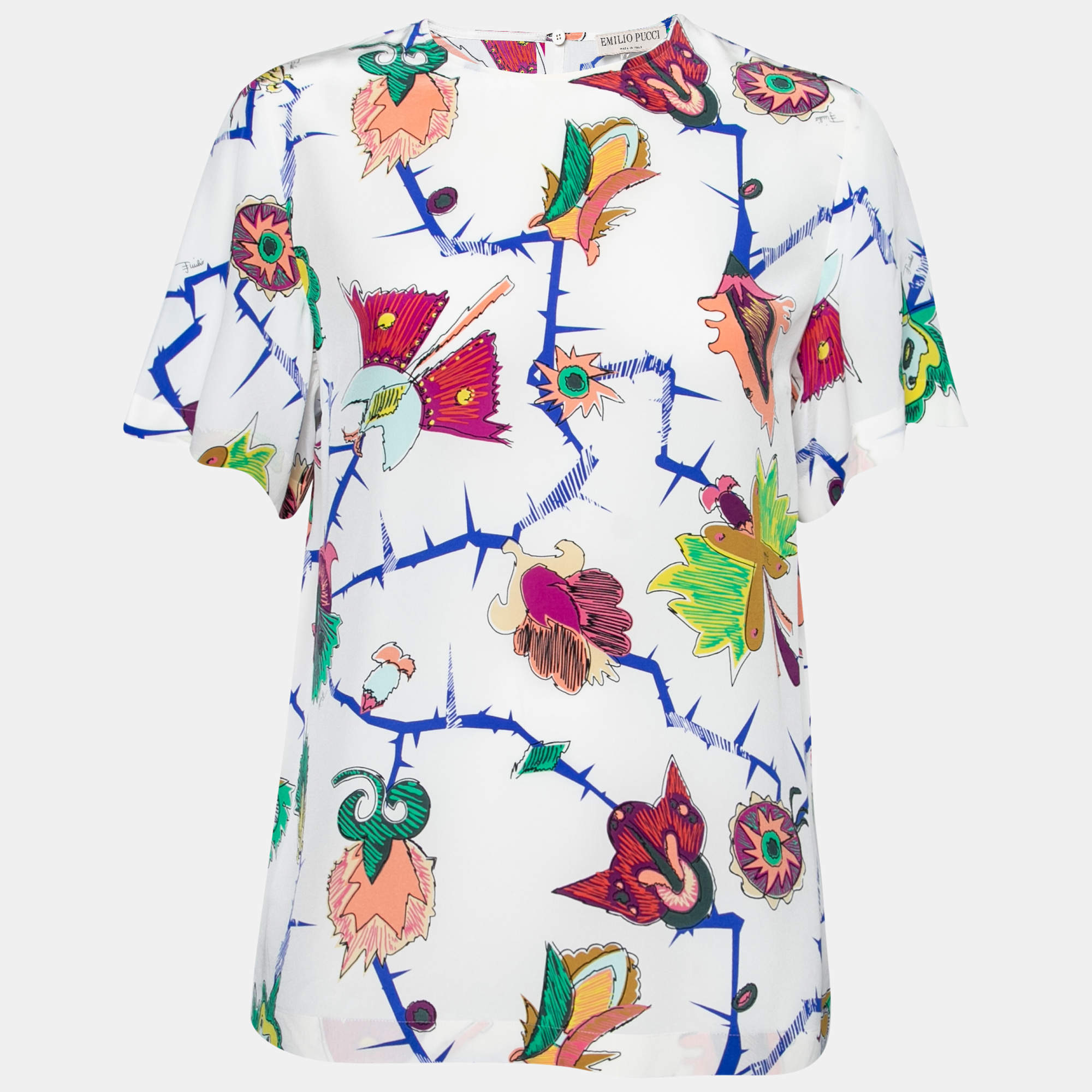 Emilio Pucci White Printed Silk Round Neck Short Sleeve Top S