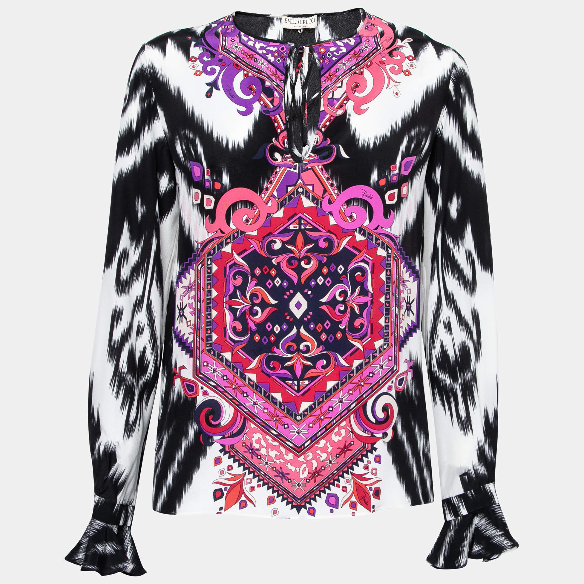 Pre Owned Emilio Pucci Multicolor Printed Silk Ruffled Sleeve Blouse S