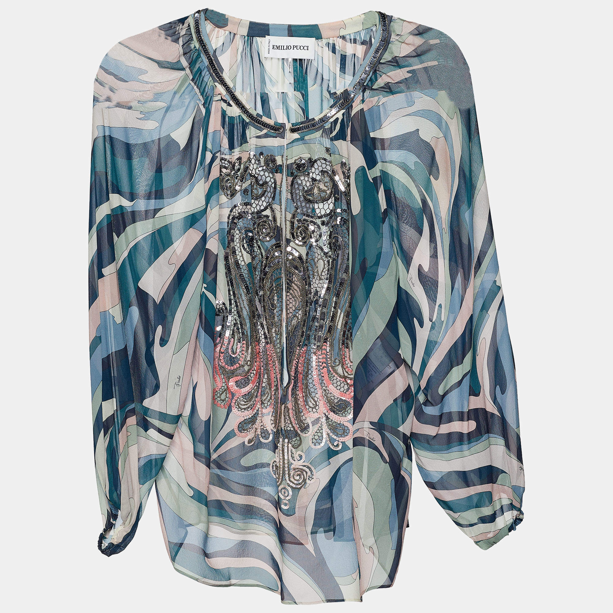 Emilio Pucci Multicolor Printed Silk Embellished Blouse S