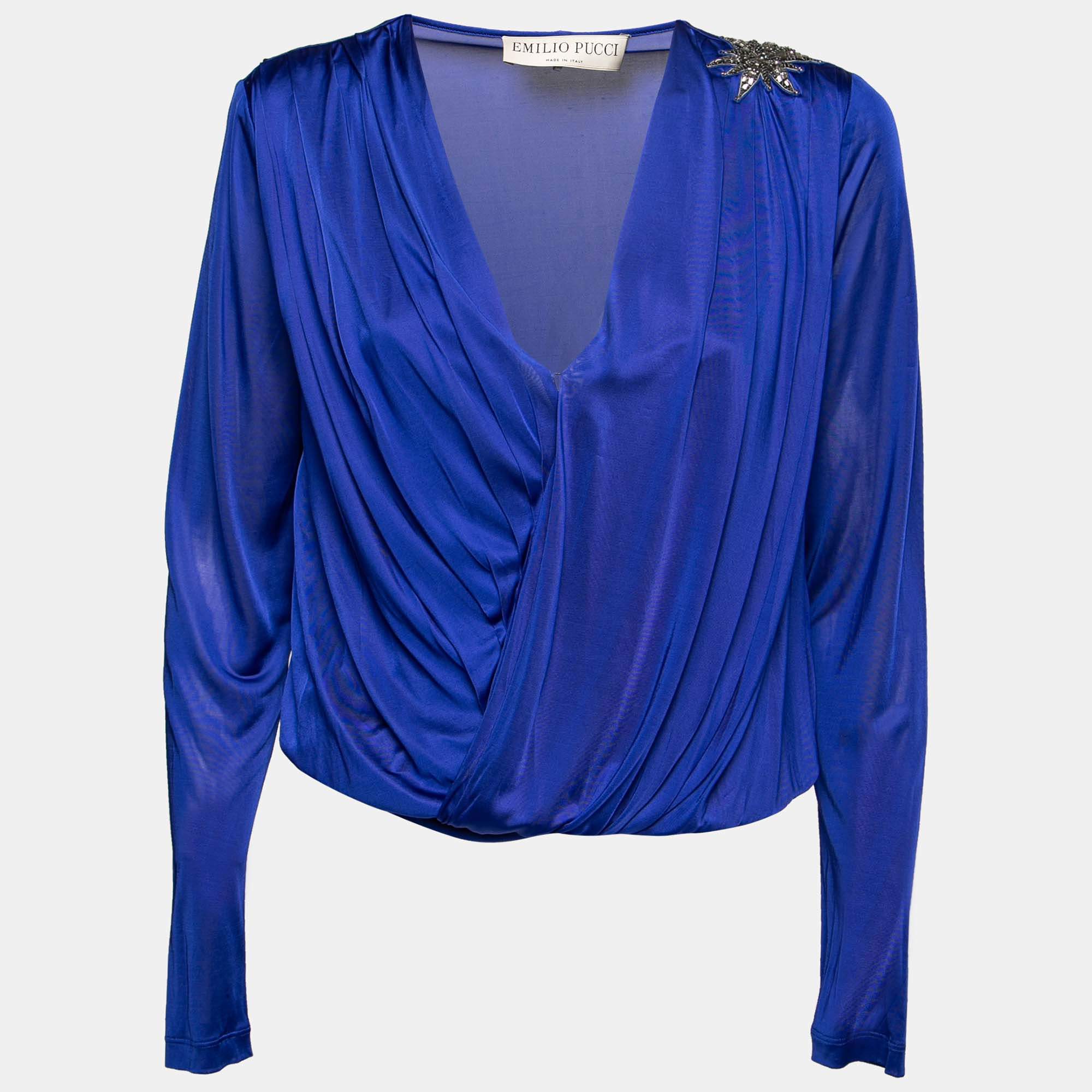Emilio Pucci Blue Jersey Wrap Effect Pleated Blouse M