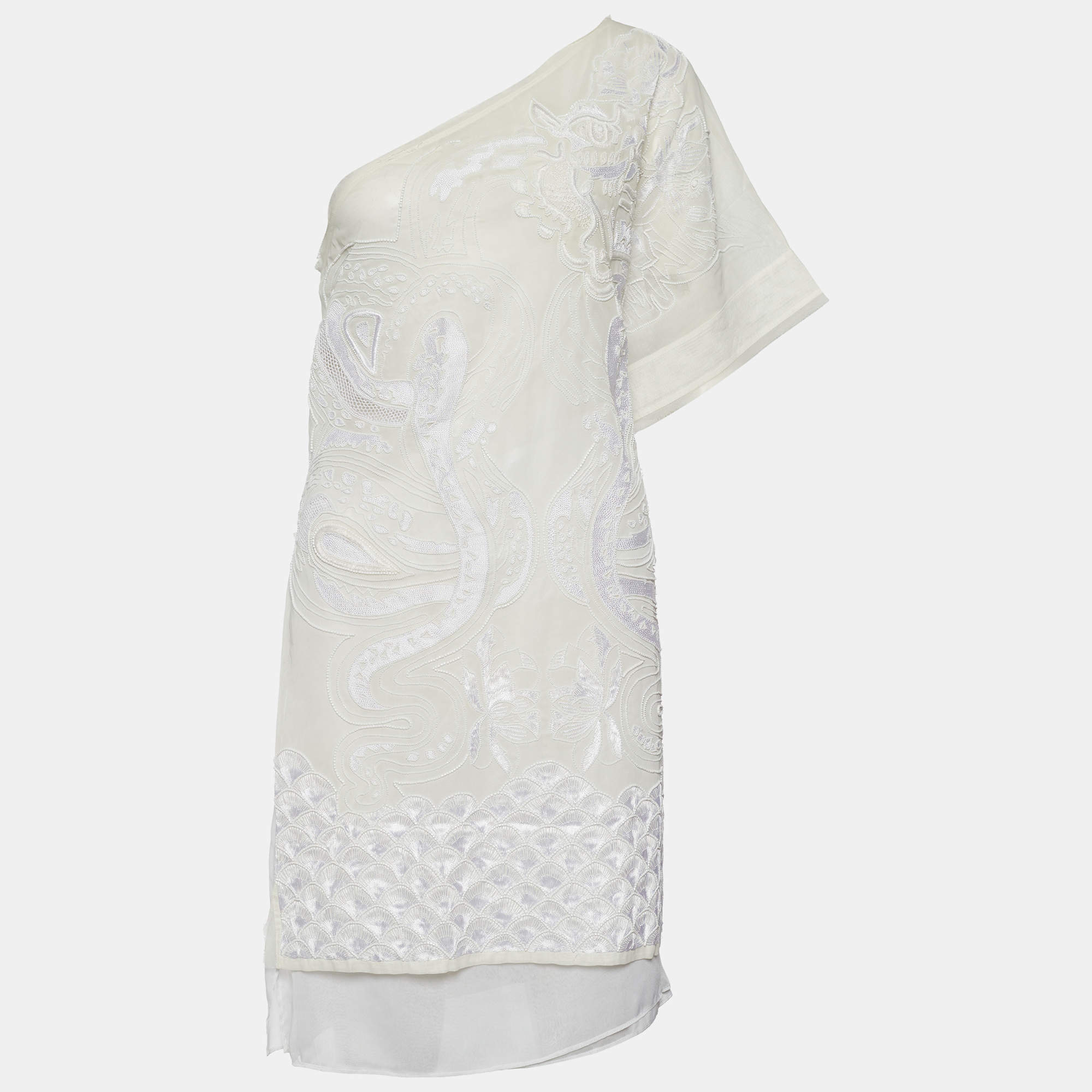 Pre Owned Emilio Pucci Ivory Cotton Voile Embellished One Shoulder Dress L