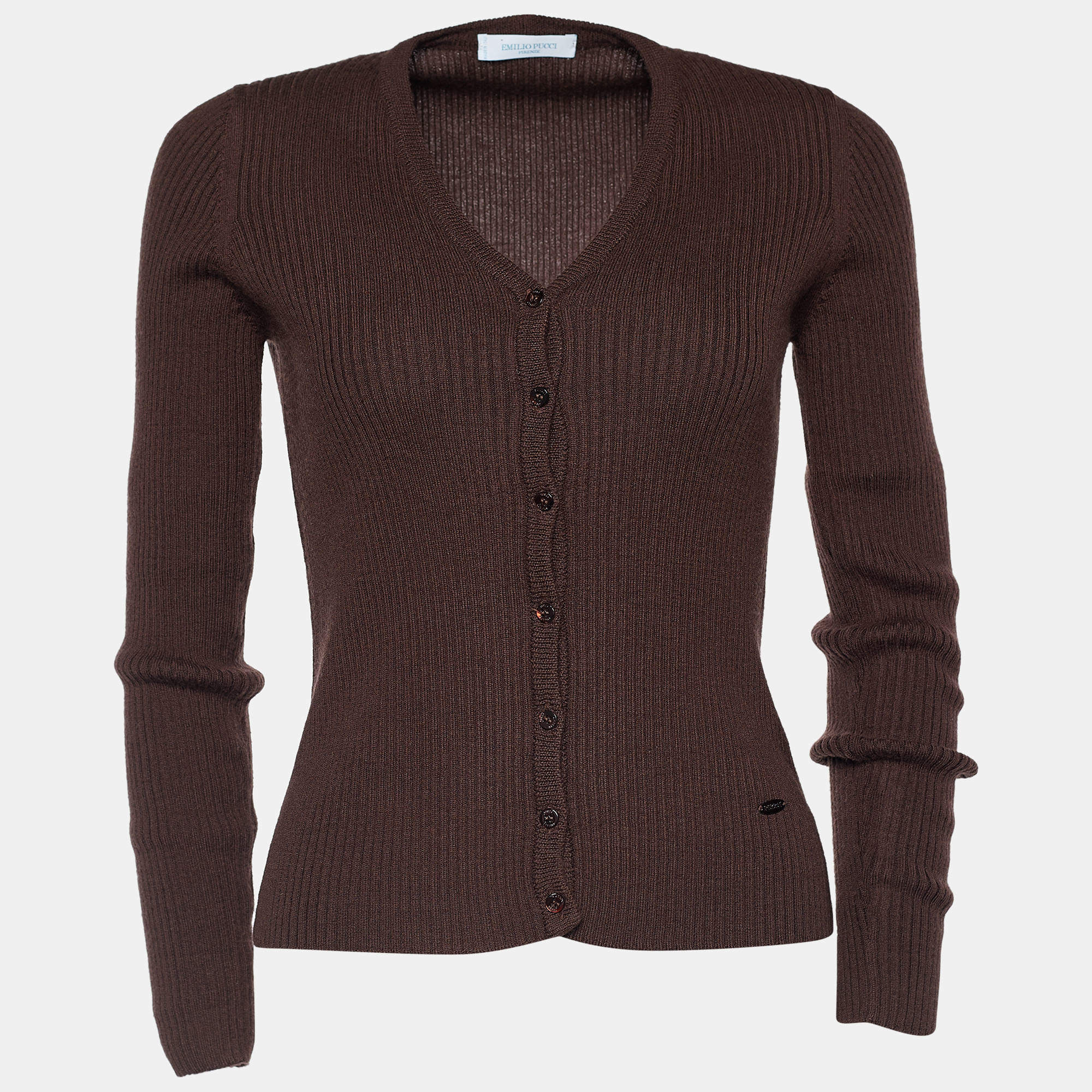 Pre Owned Emilio Pucci Vintage Brown Ribbed Wool Button Front Cardigan S