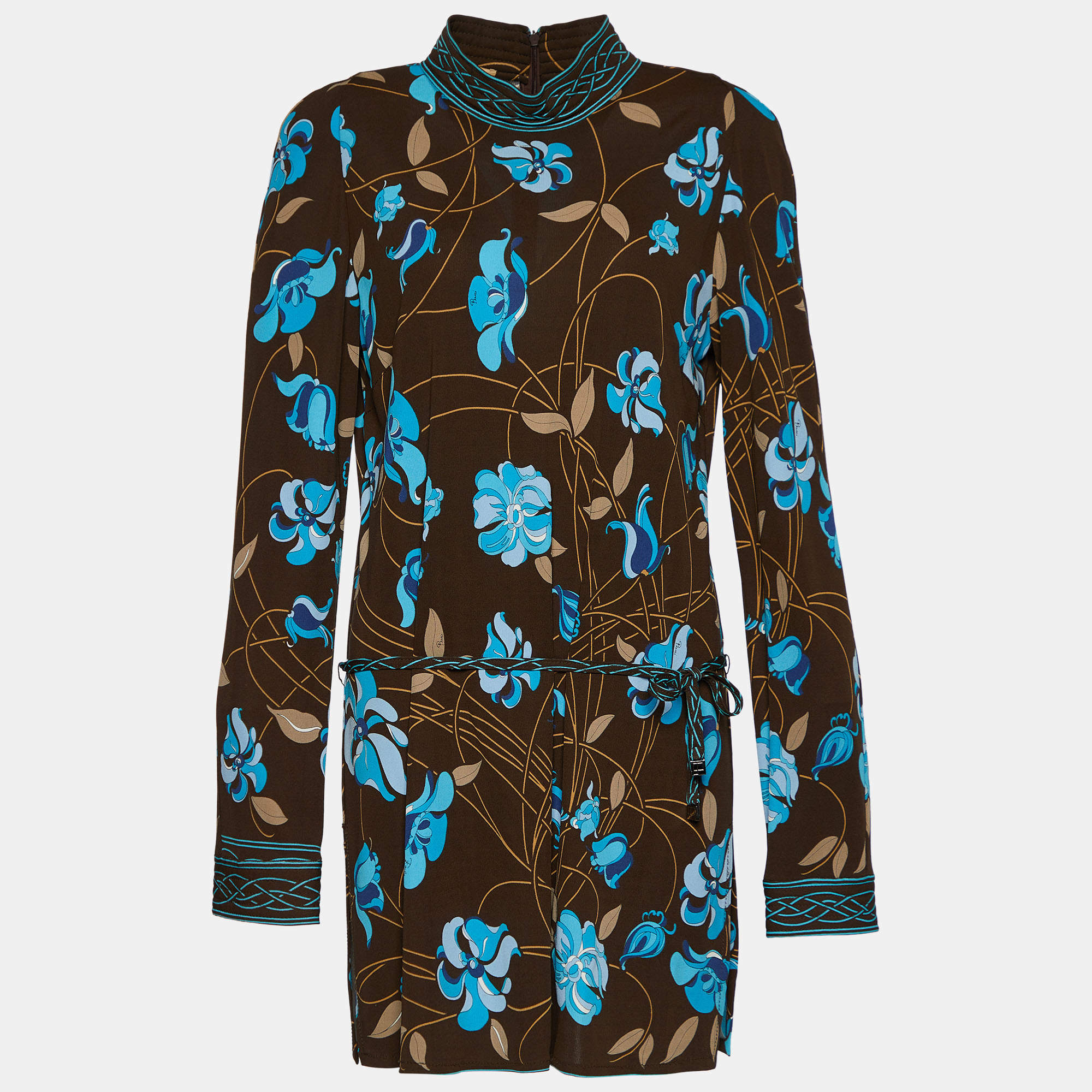 Pre Owned Emilio Pucci Brown Floral Print Crepe Belted Tunic Top L